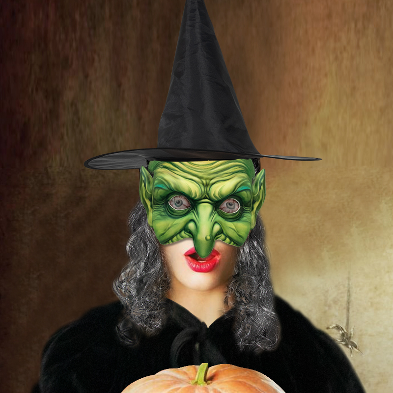 Scary Witch Face Mask, Horror Old Lady Masks Long Hair Wizard Nose, Halloween Party Costume Props