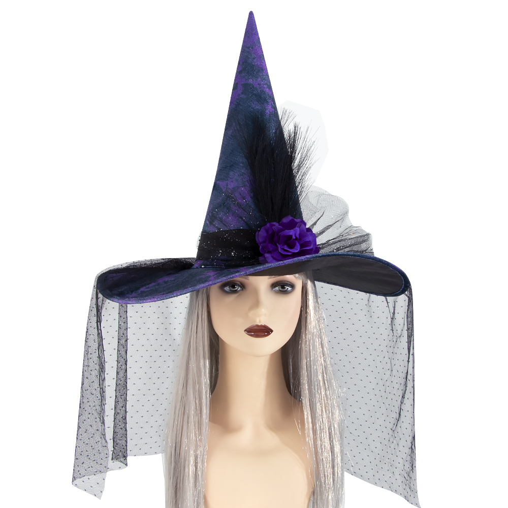 Women Halloween Witch Hat, Vintage Feather Flower Hat With Veil For Cosplay Festival Party