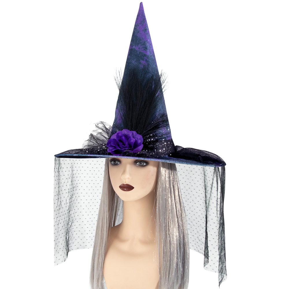 Women Halloween Witch Hat, Vintage Feather Flower Hat With Veil For Cosplay Festival Party