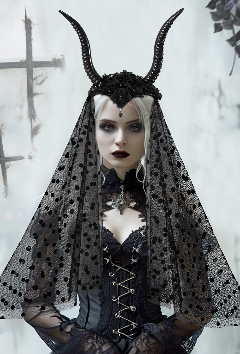 Halloween Gothic Queen Dark Goat horn tulle hairband Party dance performance Costume Festival hair accessory props
