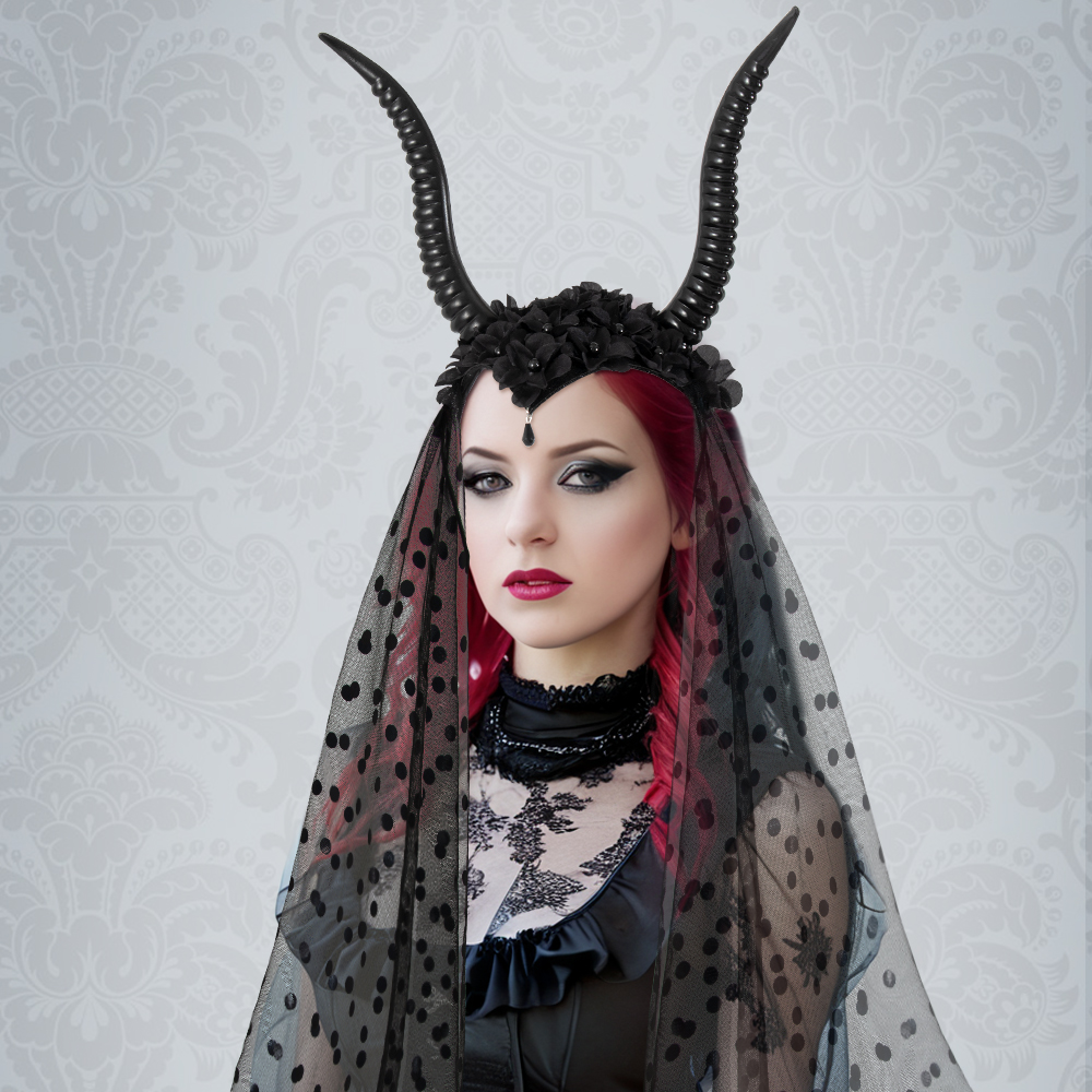 Halloween Gothic Queen Dark Goat horn tulle hairband Party dance performance Costume Festival hair accessory props