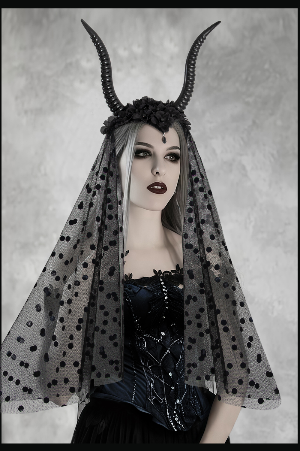 Halloween Gothic Queen Dark Goat horn tulle hairband Party dance performance Costume Festival hair accessory props