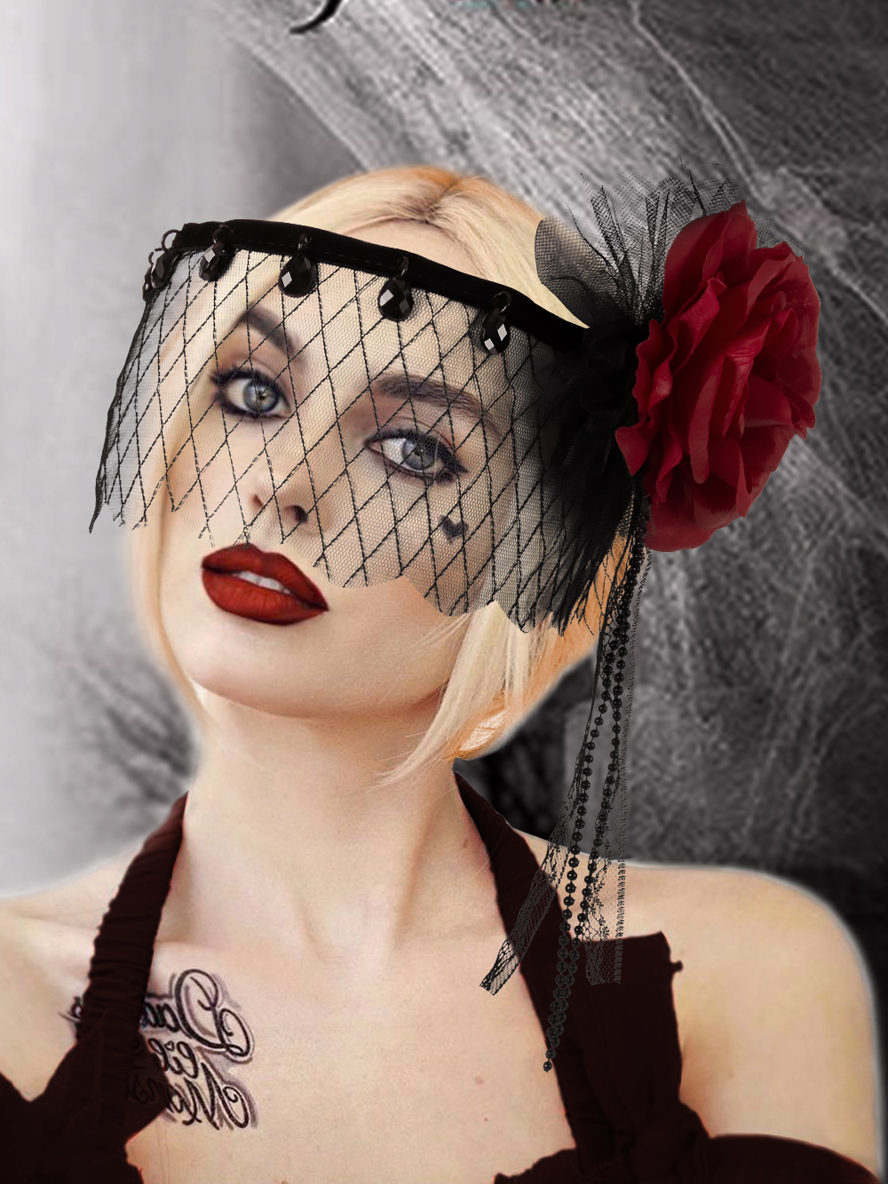 Gatsby party accessories: Gothic rose headwear, elegant cosplay masquerade, black mesh headband