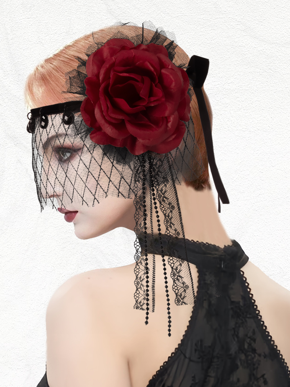 Gatsby party accessories: Gothic rose headwear, elegant cosplay masquerade, black mesh headband