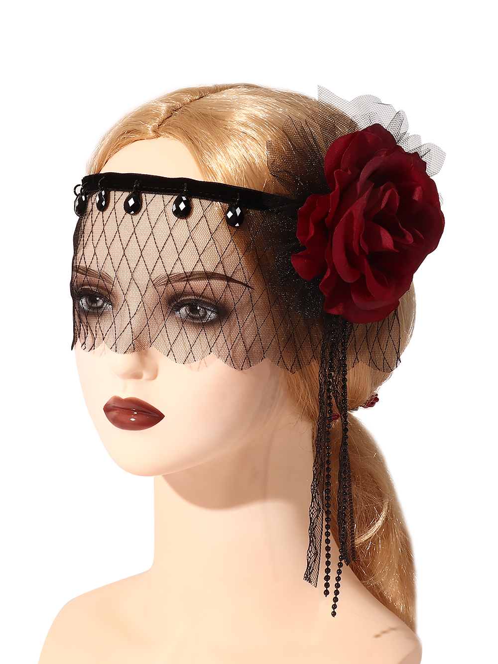 Gatsby party accessories: Gothic rose headwear, elegant cosplay masquerade, black mesh headband