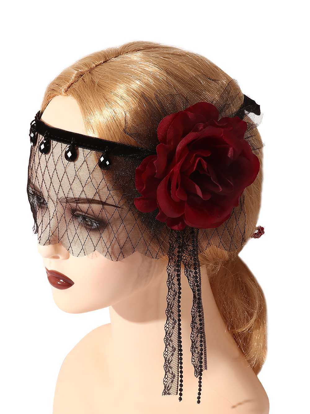 Gatsby party accessories: Gothic rose headwear, elegant cosplay masquerade, black mesh headband