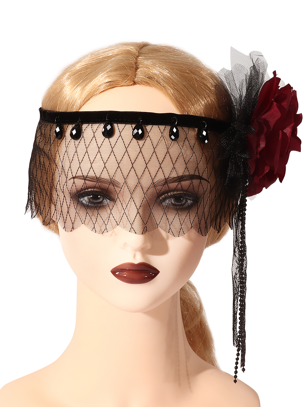 Gatsby party accessories: Gothic rose headwear, elegant cosplay masquerade, black mesh headband