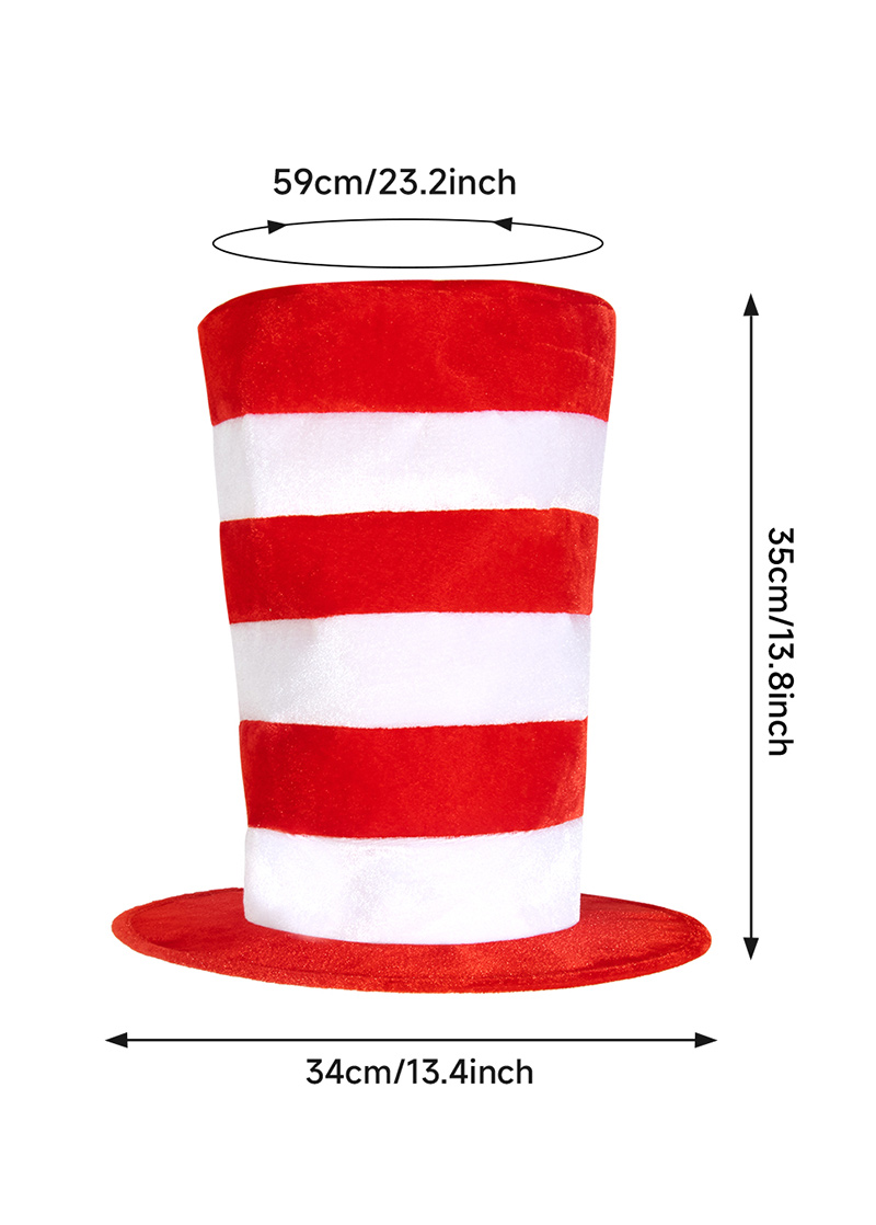 Dr. Seus' cat COSPLAY set stage costume wearing a tall hat, red and white tall hat velvet hat set