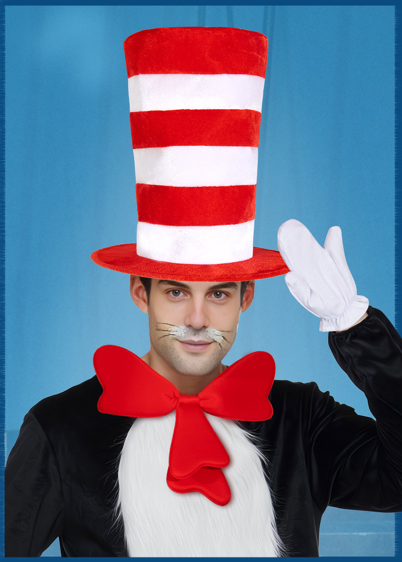 Dr. Seus' cat COSPLAY set stage costume wearing a tall hat, red and white tall hat velvet hat set