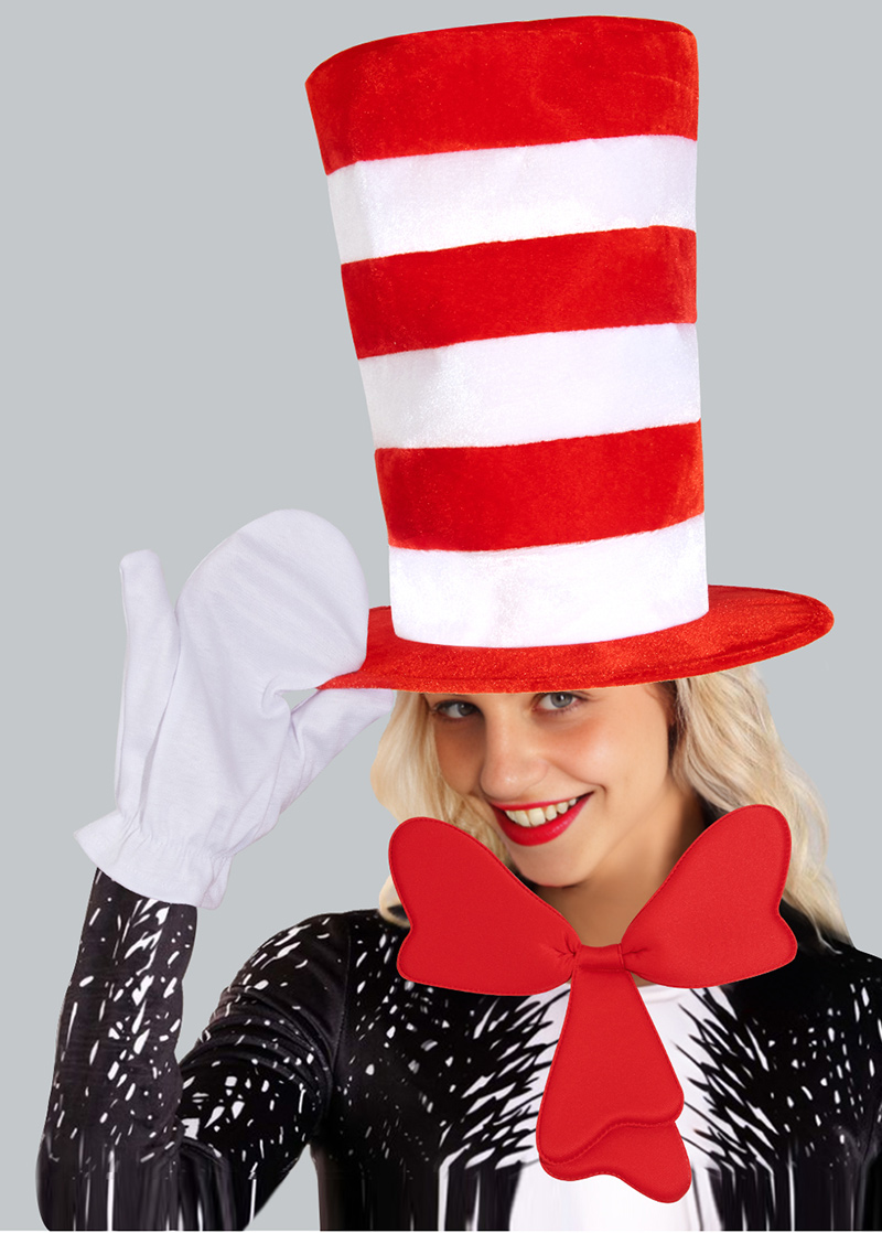 Dr. Seus' cat COSPLAY set stage costume wearing a tall hat, red and white tall hat velvet hat set