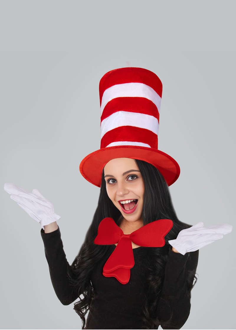Dr. Seus' cat COSPLAY set stage costume wearing a tall hat, red and white tall hat velvet hat set