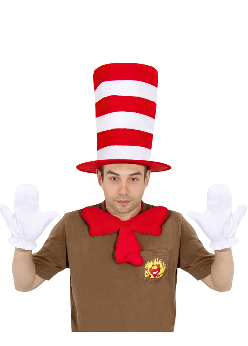 Dr. Seus' cat COSPLAY set stage costume wearing a tall hat, red and white tall hat velvet hat set