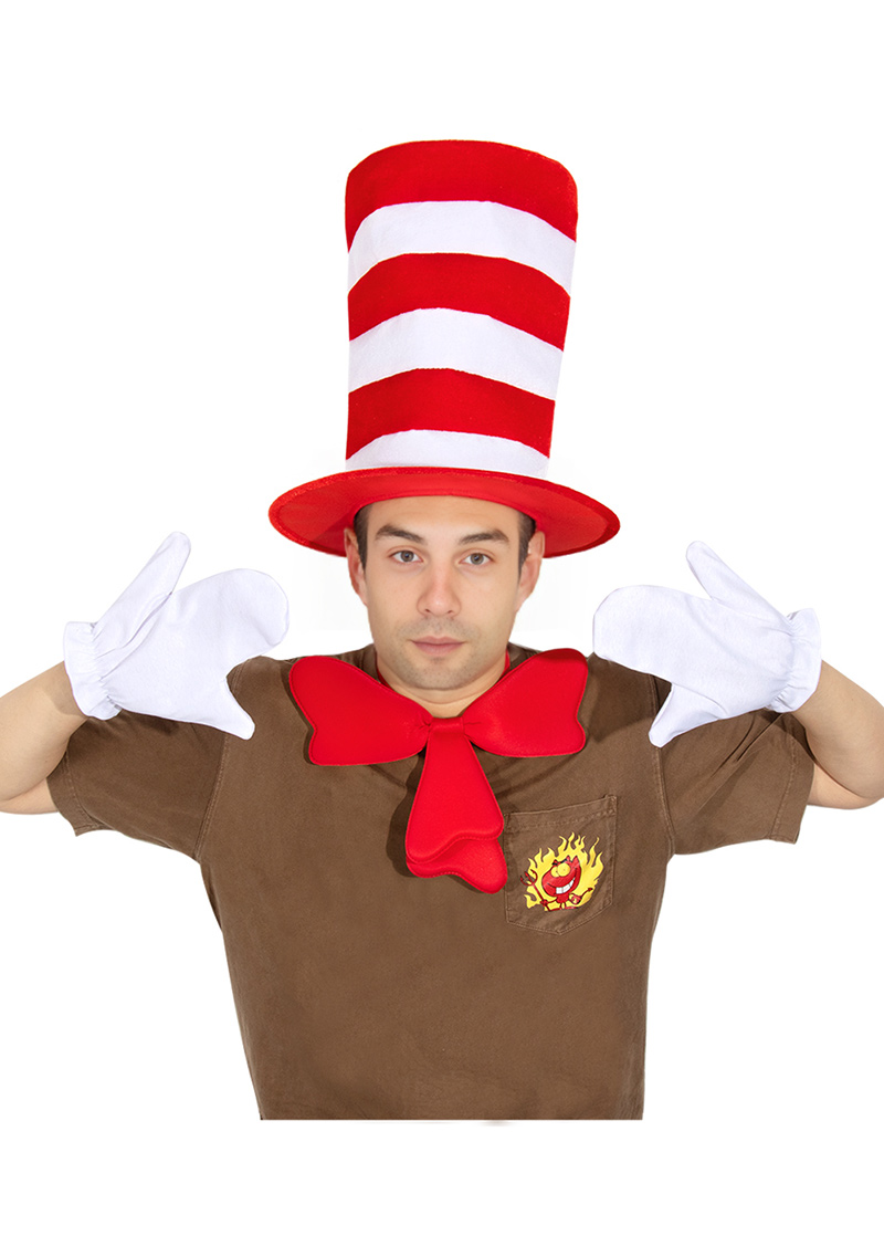 Dr. Seus' cat COSPLAY set stage costume wearing a tall hat, red and white tall hat velvet hat set