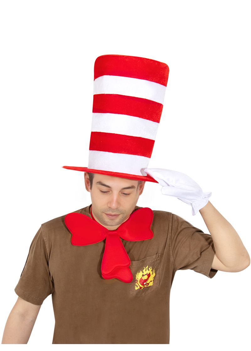 Dr. Seus' cat COSPLAY set stage costume wearing a tall hat, red and white tall hat velvet hat set