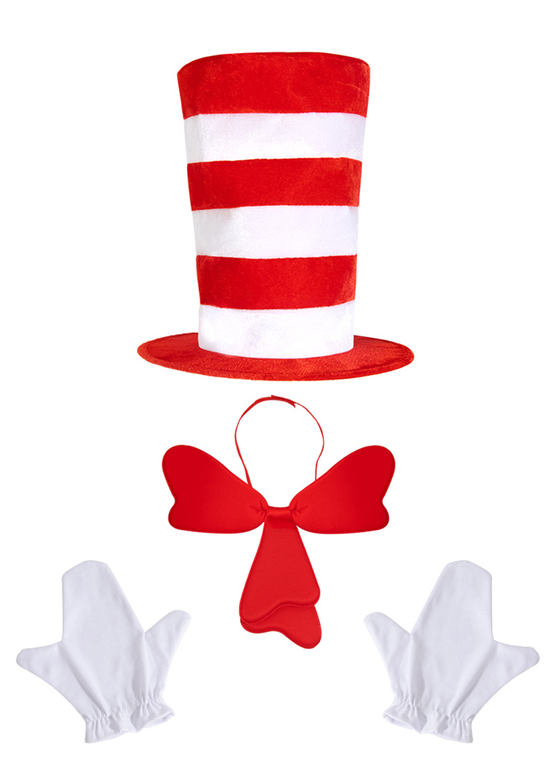 Dr. Seus' cat COSPLAY set stage costume wearing a tall hat, red and white tall hat velvet hat set