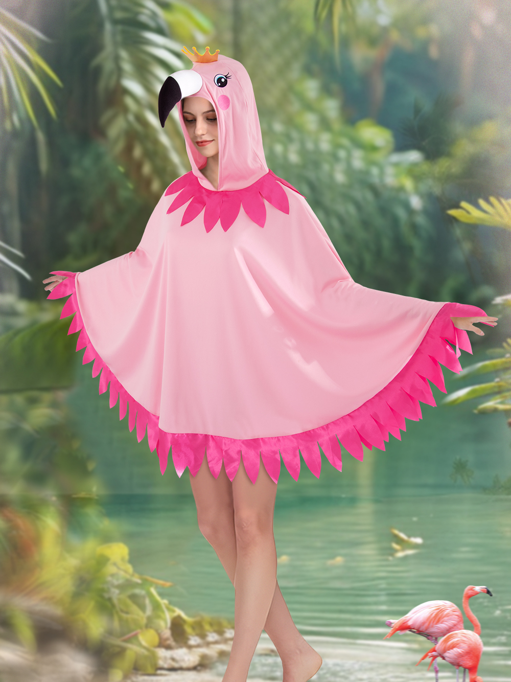 Valentine's Day Carnival Flamingo performance costume, cape, cartoon print, hooded cosplay, a hit from Europe and America
