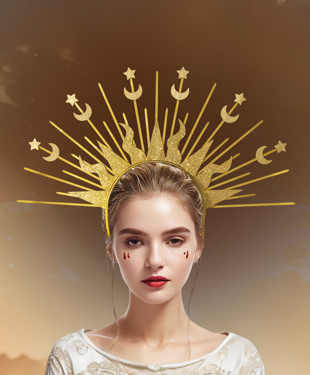 Sun God Star Moon Combination hair buckle, European and American Virgin Mary headwear, Golden Goddess cross-border fashion show character outfit