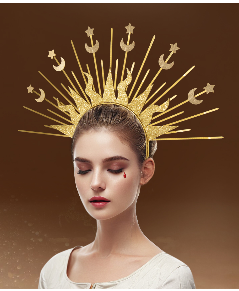 Sun God Star Moon Combination hair buckle, European and American Virgin Mary headwear, Golden Goddess cross-border fashion show character outfit