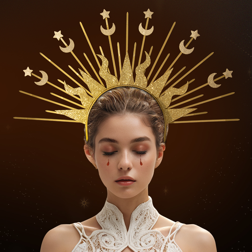 Sun God Star Moon Combination hair buckle, European and American Virgin Mary headwear, Golden Goddess cross-border fashion show character outfit