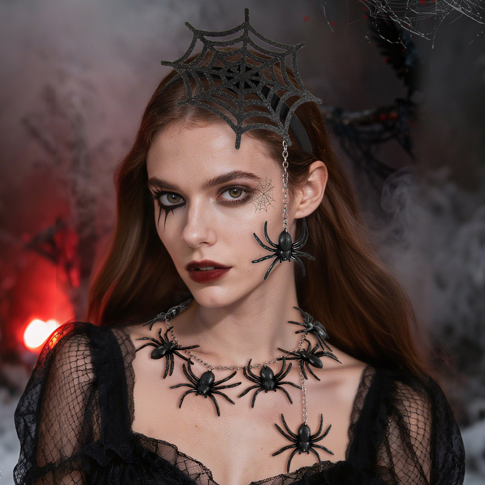 New Halloween spider hairband necklace set, Ghost Festival costume hair accessory props, Cosplay horror party hair accessory