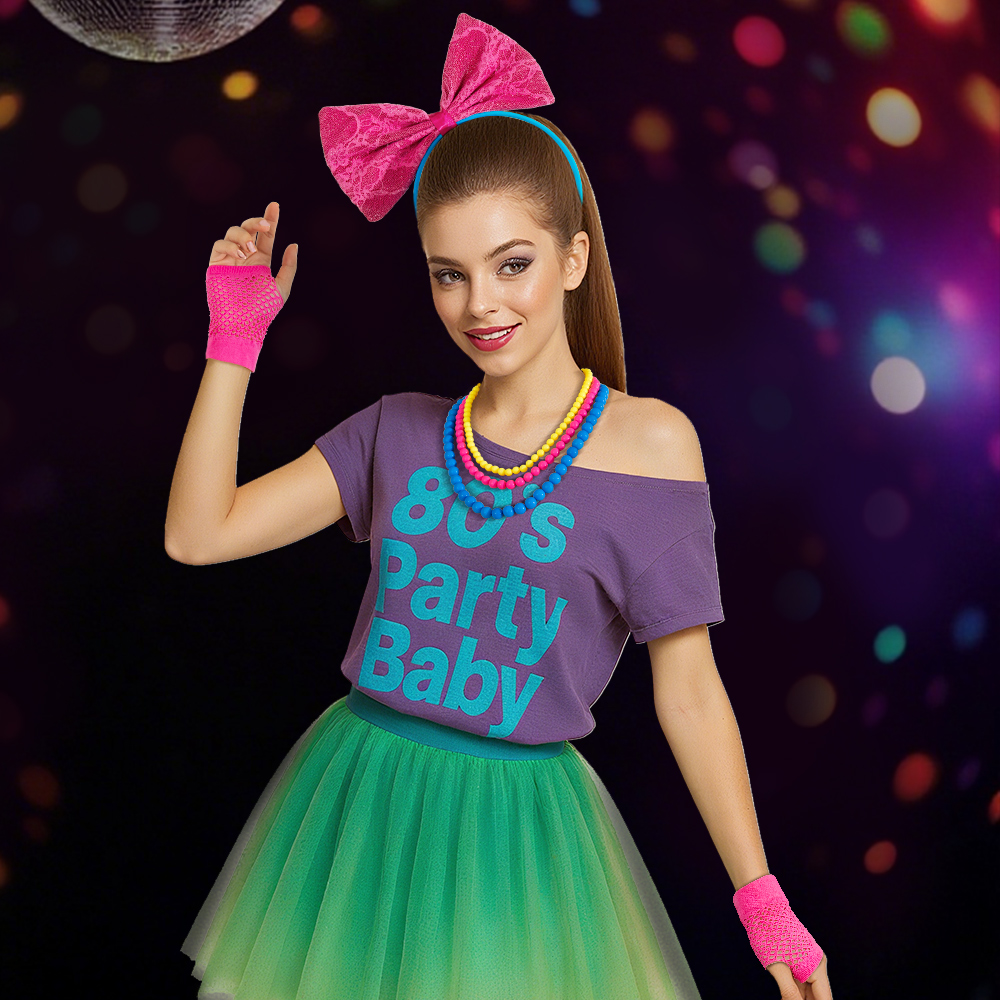 Party retro bow headband, necklace and wrist guard four-piece set, disco neon dance party carnival 80s set