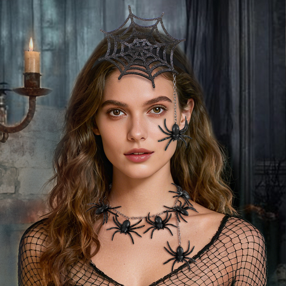 New Halloween spider hairband necklace set, Ghost Festival costume hair accessory props, Cosplay horror party hair accessory