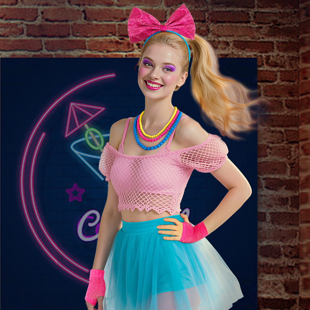 Party retro bow headband, necklace and wrist guard four-piece set, disco neon dance party carnival 80s set