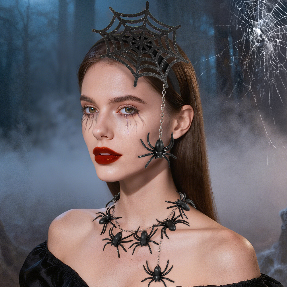 New Halloween spider hairband necklace set, Ghost Festival costume hair accessory props, Cosplay horror party hair accessory