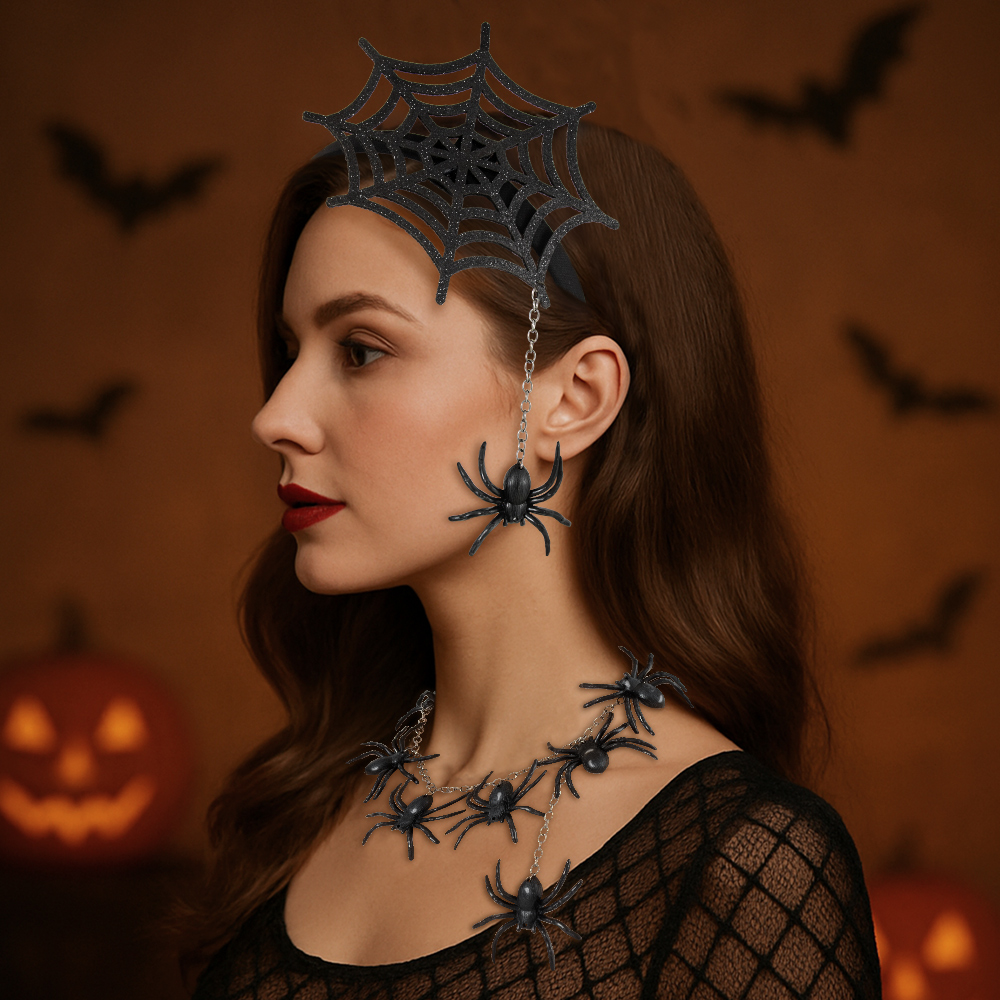 New Halloween spider hairband necklace set, Ghost Festival costume hair accessory props, Cosplay horror party hair accessory
