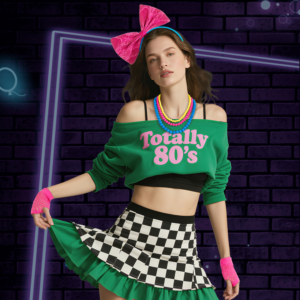 Party retro bow headband, necklace and wrist guard four-piece set, disco neon dance party carnival 80s set